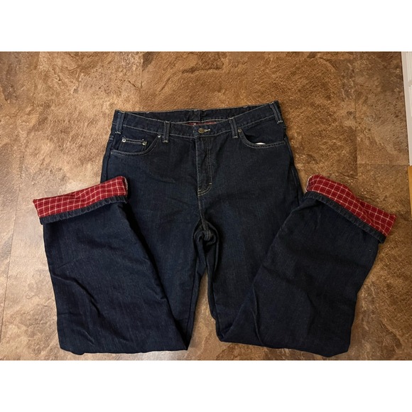 Dickies Women's Straight Leg Red Plaid Flannel Lined Denim Jeans Size 14 Tall - Picture 7 of 7